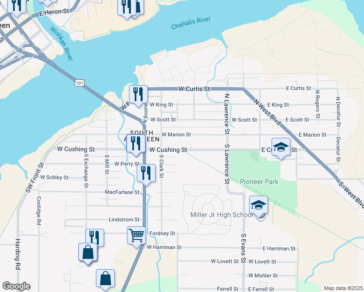 map of restaurants, bars, coffee shops, grocery stores, and more near 520 West Cushing Street in Aberdeen