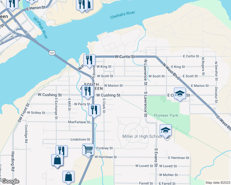 map of restaurants, bars, coffee shops, grocery stores, and more near 520 West Cushing Street in Aberdeen