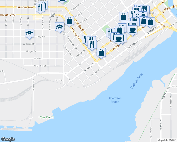 map of restaurants, bars, coffee shops, grocery stores, and more near 909 West Heron Street in Aberdeen