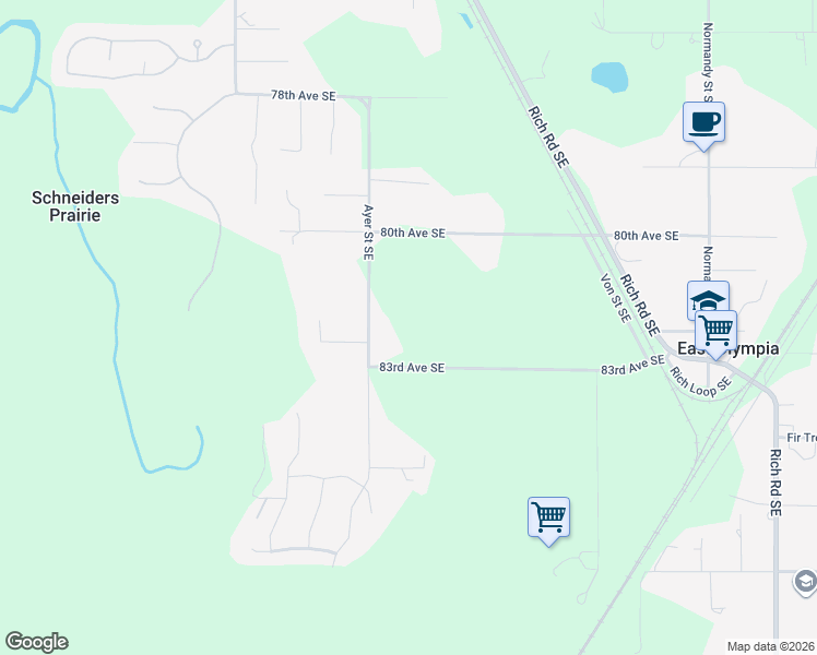 map of restaurants, bars, coffee shops, grocery stores, and more near 8202 Ayer Street Southeast in Olympia