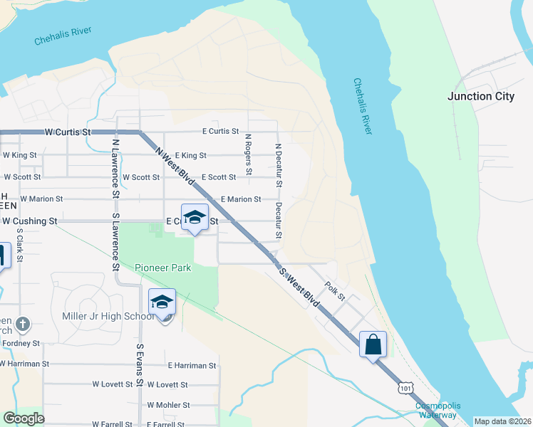 map of restaurants, bars, coffee shops, grocery stores, and more near 416 East Cushing Street in Aberdeen