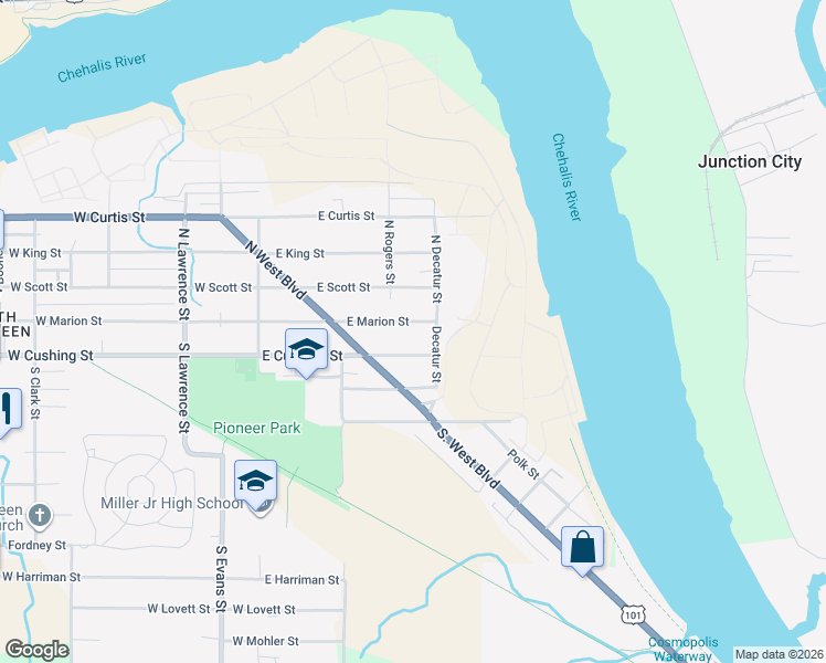 map of restaurants, bars, coffee shops, grocery stores, and more near 416 East Cushing Street in Aberdeen