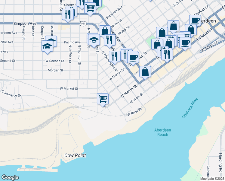map of restaurants, bars, coffee shops, grocery stores, and more near 1105 West Wishkah Street in Aberdeen
