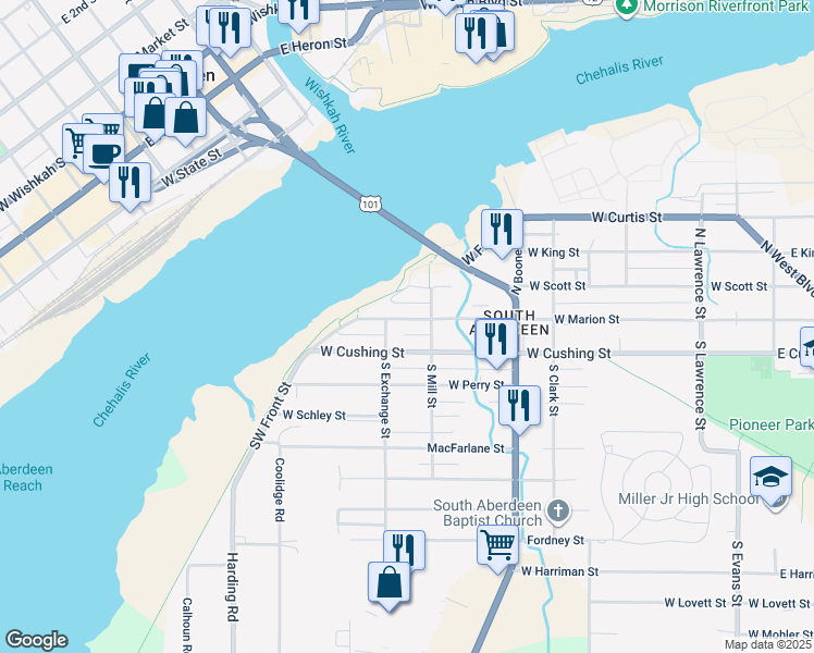 map of restaurants, bars, coffee shops, grocery stores, and more near 1017 West Marion Street in Aberdeen