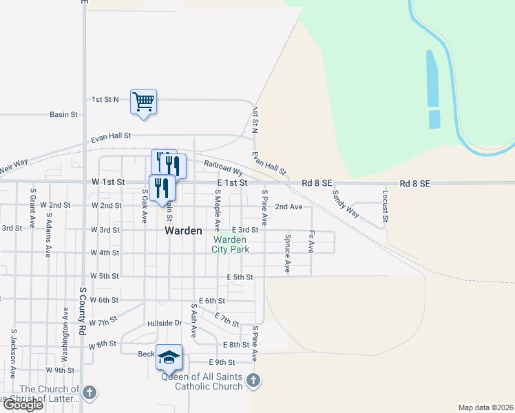 map of restaurants, bars, coffee shops, grocery stores, and more near 508 East 2nd Street in Warden