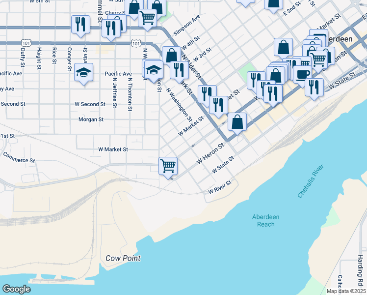 map of restaurants, bars, coffee shops, grocery stores, and more near 1003 West Market Street in Aberdeen