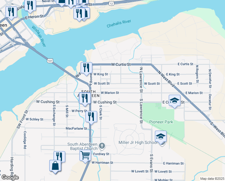 map of restaurants, bars, coffee shops, grocery stores, and more near 601 West Scott Street in Aberdeen