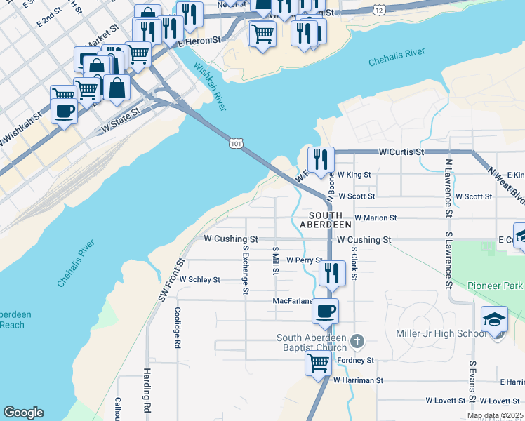 map of restaurants, bars, coffee shops, grocery stores, and more near 1023 Southwest Front Street in Aberdeen