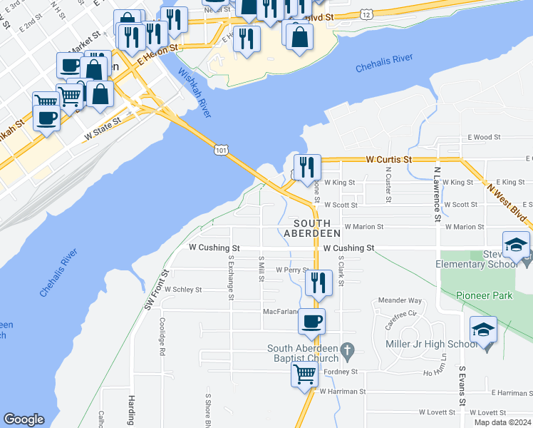 map of restaurants, bars, coffee shops, grocery stores, and more near 112 N Street in Hoquiam