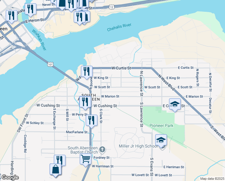 map of restaurants, bars, coffee shops, grocery stores, and more near 601 West Scott Street in Aberdeen