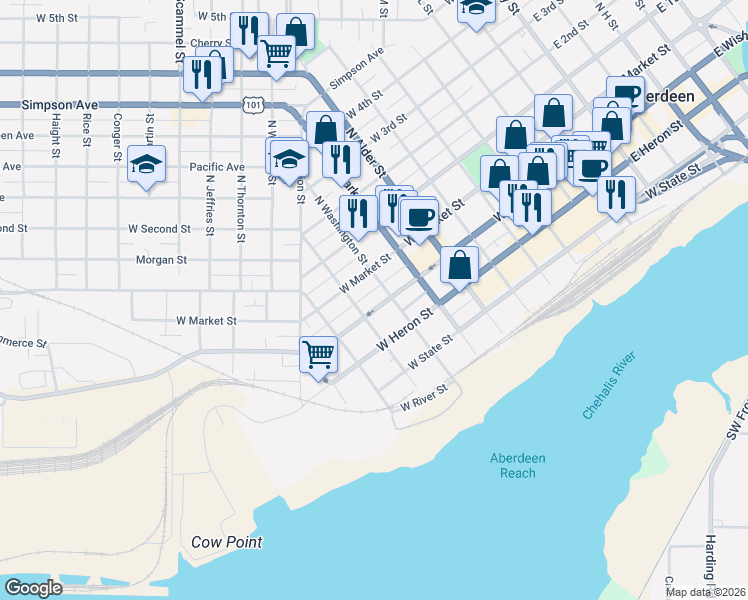 map of restaurants, bars, coffee shops, grocery stores, and more near 910 West Wishkah Street in Aberdeen