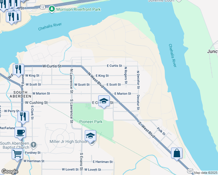 map of restaurants, bars, coffee shops, grocery stores, and more near 305 East Scott Street in Aberdeen