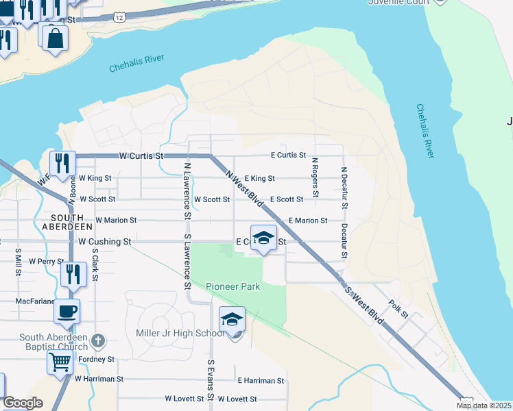 map of restaurants, bars, coffee shops, grocery stores, and more near 121 East Scott Street in Aberdeen