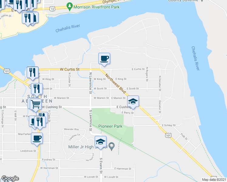 map of restaurants, bars, coffee shops, grocery stores, and more near 107 East Scott Street in Cosmopolis