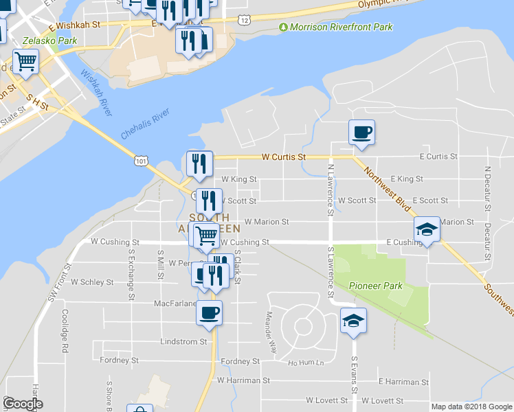 map of restaurants, bars, coffee shops, grocery stores, and more near 601 West Scott Street in Aberdeen