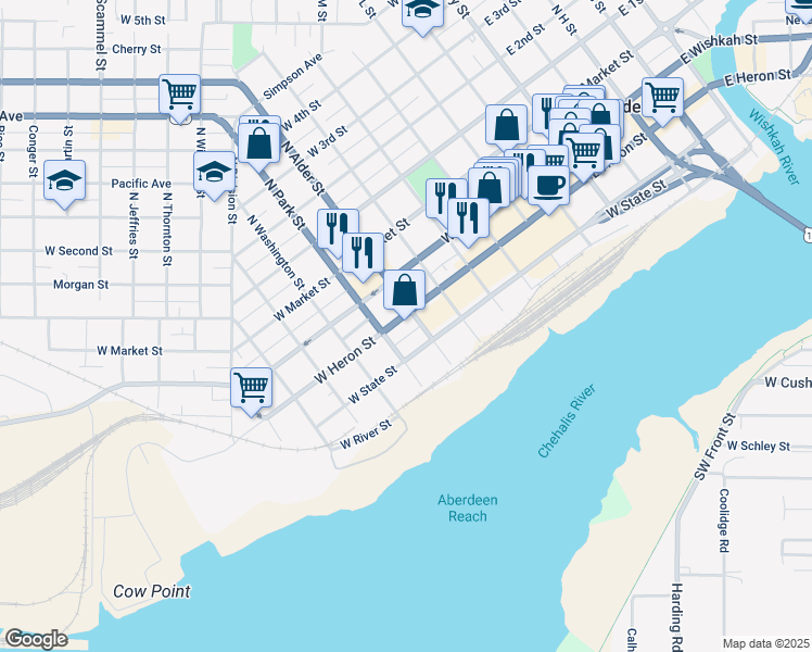 map of restaurants, bars, coffee shops, grocery stores, and more near 705 West Heron Street in Aberdeen
