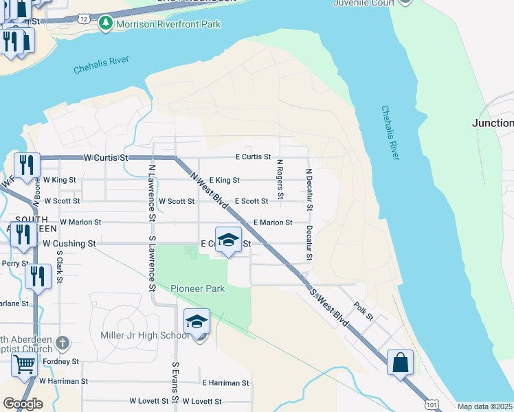 map of restaurants, bars, coffee shops, grocery stores, and more near 305 East Scott Street in Aberdeen