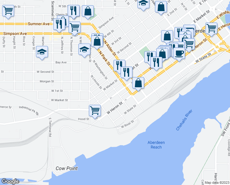 map of restaurants, bars, coffee shops, grocery stores, and more near 910 West Wishkah Street in Aberdeen