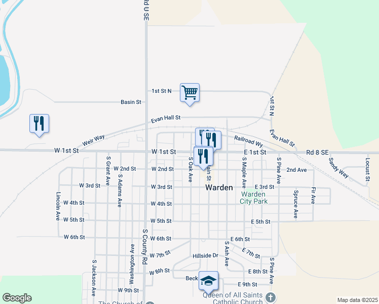 map of restaurants, bars, coffee shops, grocery stores, and more near 113 West 1st Street in Warden