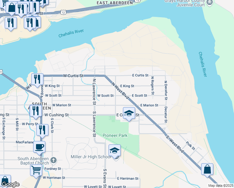 map of restaurants, bars, coffee shops, grocery stores, and more near 107 East Scott Street in Cosmopolis