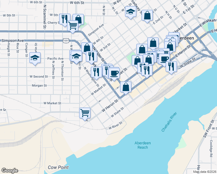 map of restaurants, bars, coffee shops, grocery stores, and more near 715 West Market Street in Aberdeen