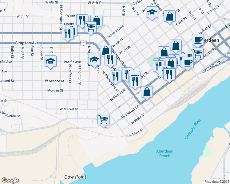 map of restaurants, bars, coffee shops, grocery stores, and more near 904 West 1st Street in Aberdeen