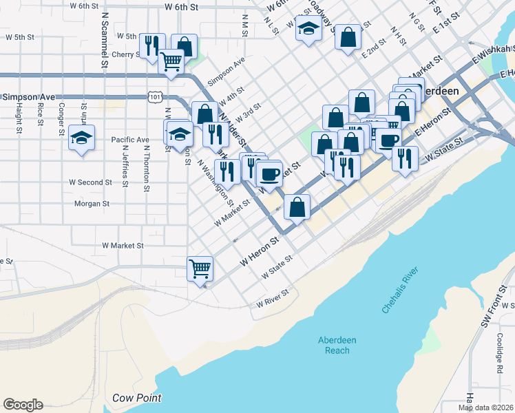 map of restaurants, bars, coffee shops, grocery stores, and more near 715 West Market Street in Aberdeen