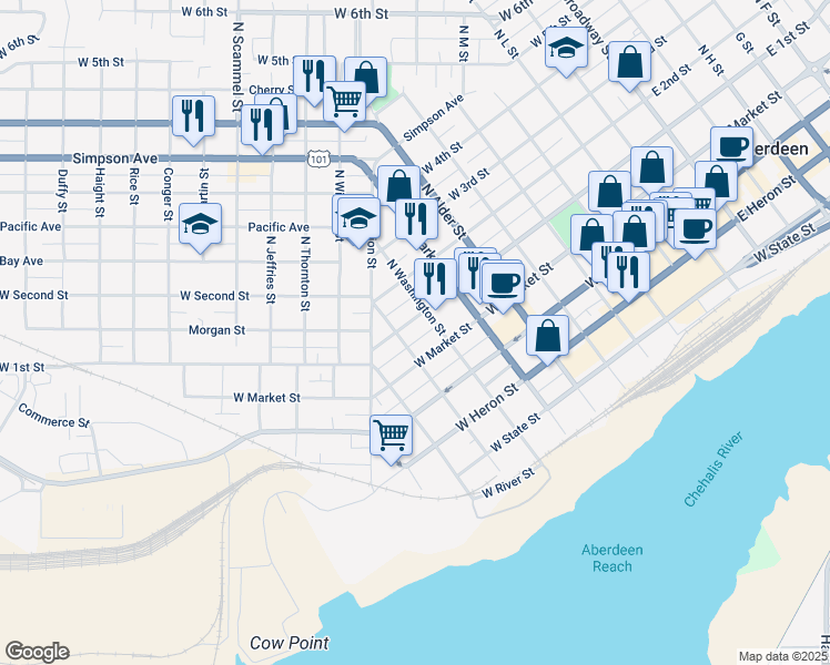 map of restaurants, bars, coffee shops, grocery stores, and more near 904 West 1st Street in Aberdeen