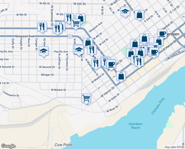 map of restaurants, bars, coffee shops, grocery stores, and more near 904 West 1st Street in Aberdeen