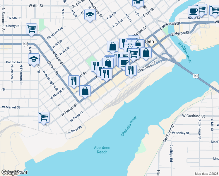map of restaurants, bars, coffee shops, grocery stores, and more near 401 West Heron Street in Aberdeen