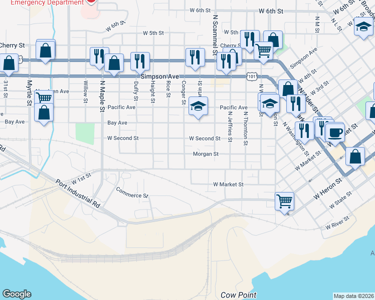 map of restaurants, bars, coffee shops, grocery stores, and more near 1817 West Second Street in Aberdeen