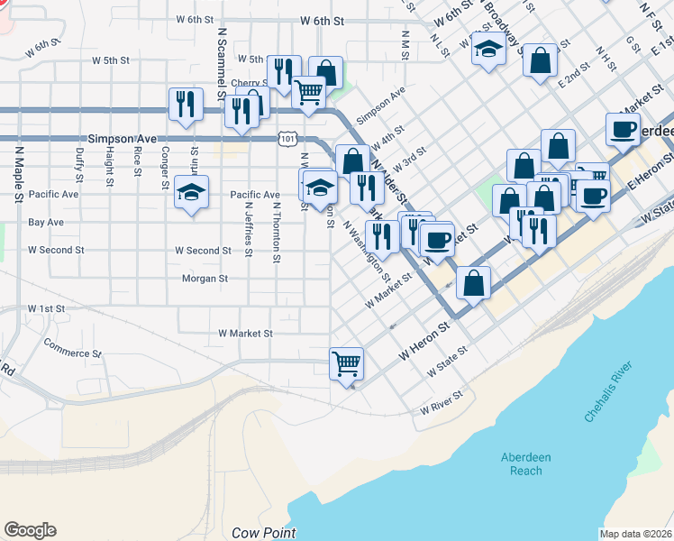 map of restaurants, bars, coffee shops, grocery stores, and more near 209 North Lincoln Street in Aberdeen