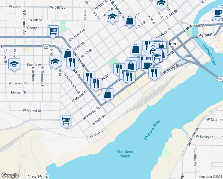 map of restaurants, bars, coffee shops, grocery stores, and more near 601 West Wishkah Street in Aberdeen