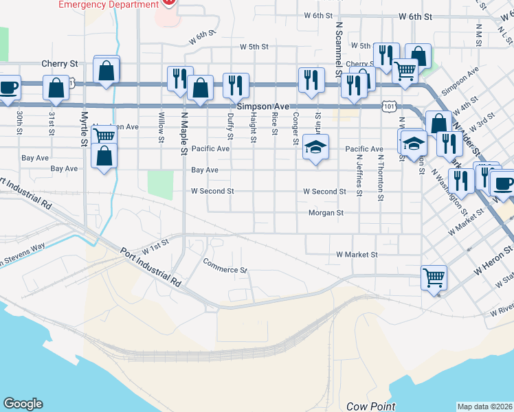 map of restaurants, bars, coffee shops, grocery stores, and more near 2020 Morgan Street in Aberdeen