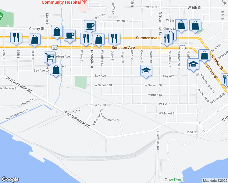map of restaurants, bars, coffee shops, grocery stores, and more near 202 Duffy Street in Aberdeen