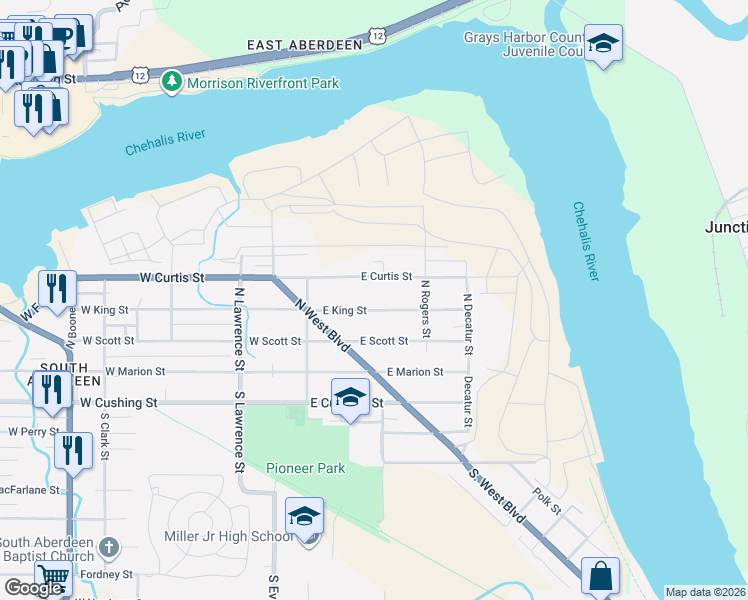 map of restaurants, bars, coffee shops, grocery stores, and more near 301 East Curtis Street in Aberdeen