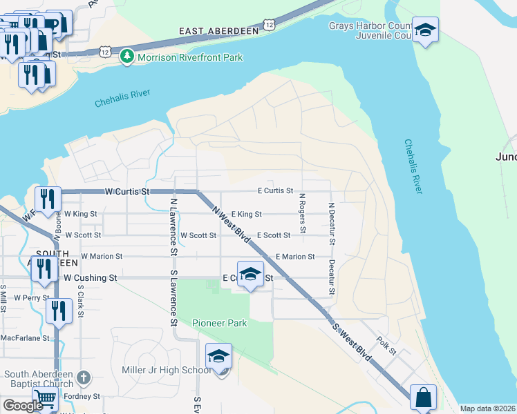 map of restaurants, bars, coffee shops, grocery stores, and more near 200 East King Street in Aberdeen
