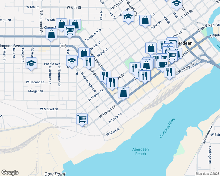 map of restaurants, bars, coffee shops, grocery stores, and more near 715 West Market Street in Aberdeen