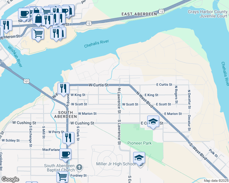 map of restaurants, bars, coffee shops, grocery stores, and more near 323 West Curtis Street in Aberdeen