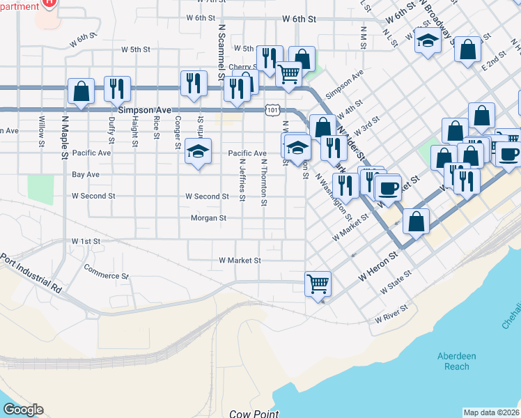 map of restaurants, bars, coffee shops, grocery stores, and more near 1500 Morgan Street in Aberdeen