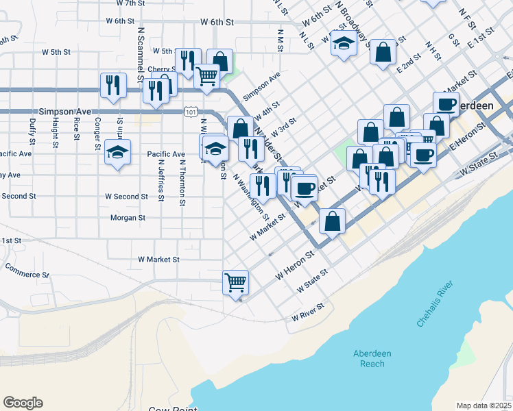 map of restaurants, bars, coffee shops, grocery stores, and more near 904 West 1st Street in Aberdeen