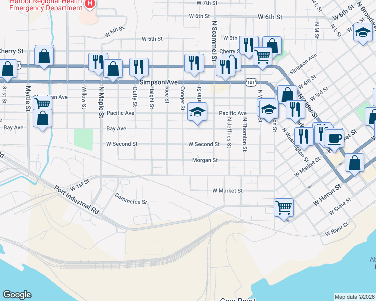 map of restaurants, bars, coffee shops, grocery stores, and more near 1817 West Second Street in Aberdeen