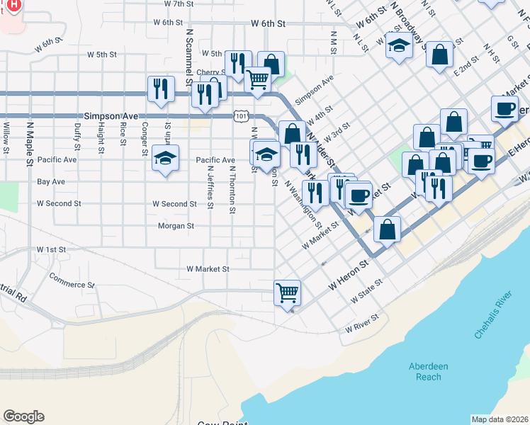map of restaurants, bars, coffee shops, grocery stores, and more near 209 North Lincoln Street in Aberdeen