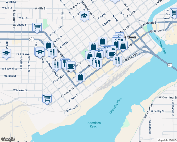 map of restaurants, bars, coffee shops, grocery stores, and more near 601 West Wishkah Street in Aberdeen