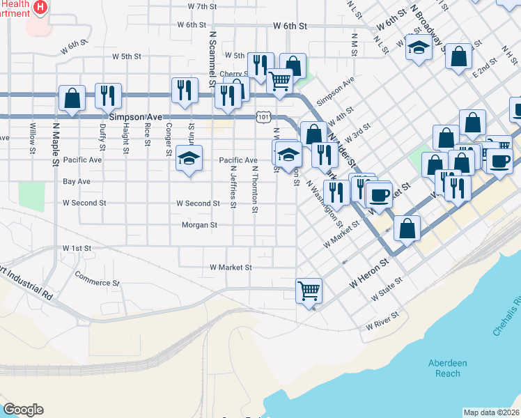 map of restaurants, bars, coffee shops, grocery stores, and more near 1500 Morgan Street in Aberdeen