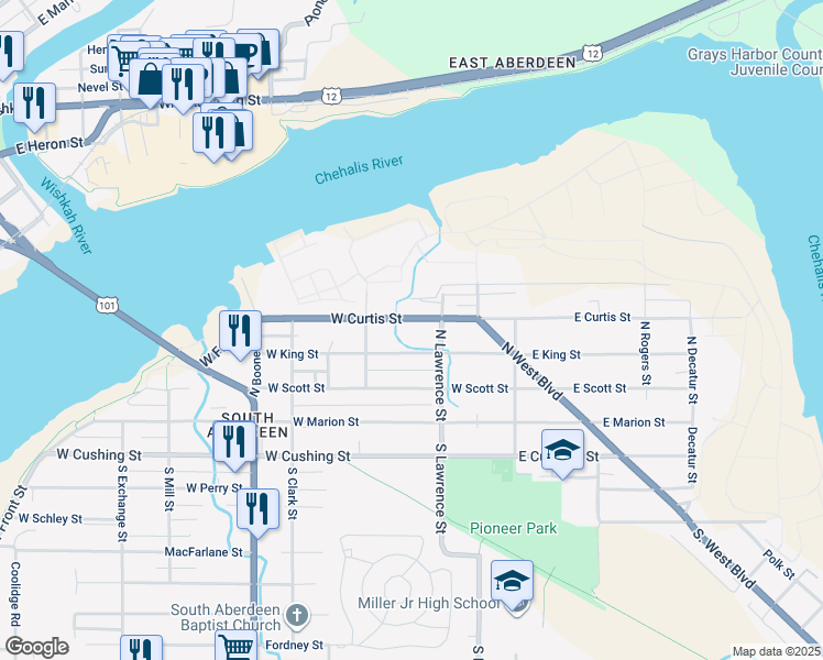 map of restaurants, bars, coffee shops, grocery stores, and more near 323 W Curtis St in Aberdeen