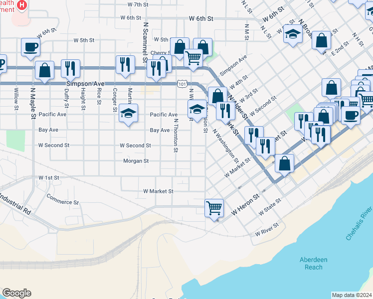 map of restaurants, bars, coffee shops, grocery stores, and more near 1405 West 2nd Street in Aberdeen