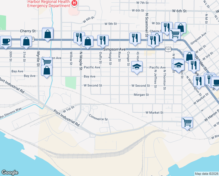 map of restaurants, bars, coffee shops, grocery stores, and more near 2020 Morgan Street in Aberdeen