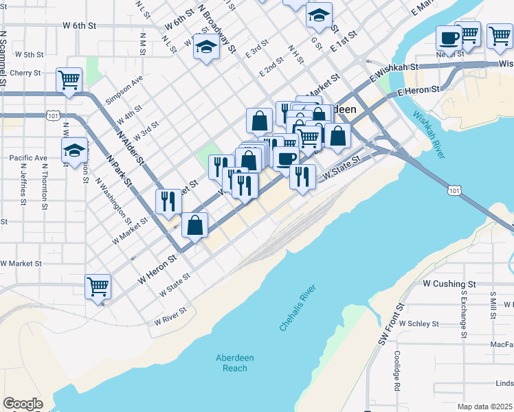 map of restaurants, bars, coffee shops, grocery stores, and more near 401 West Heron Street in Aberdeen