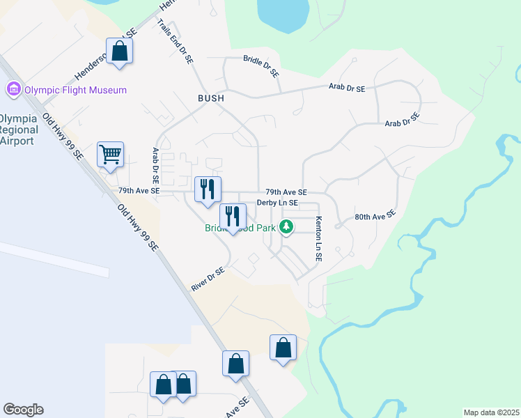 map of restaurants, bars, coffee shops, grocery stores, and more near 8014 Bedford Lane Southeast in Olympia